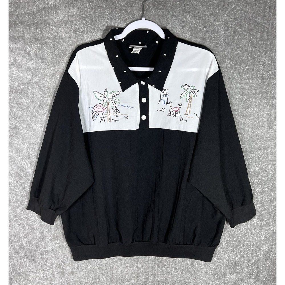 Vintage GW Graff Top Womens Size‎ 3X Black White Cafe Tropical Beach Embroidered